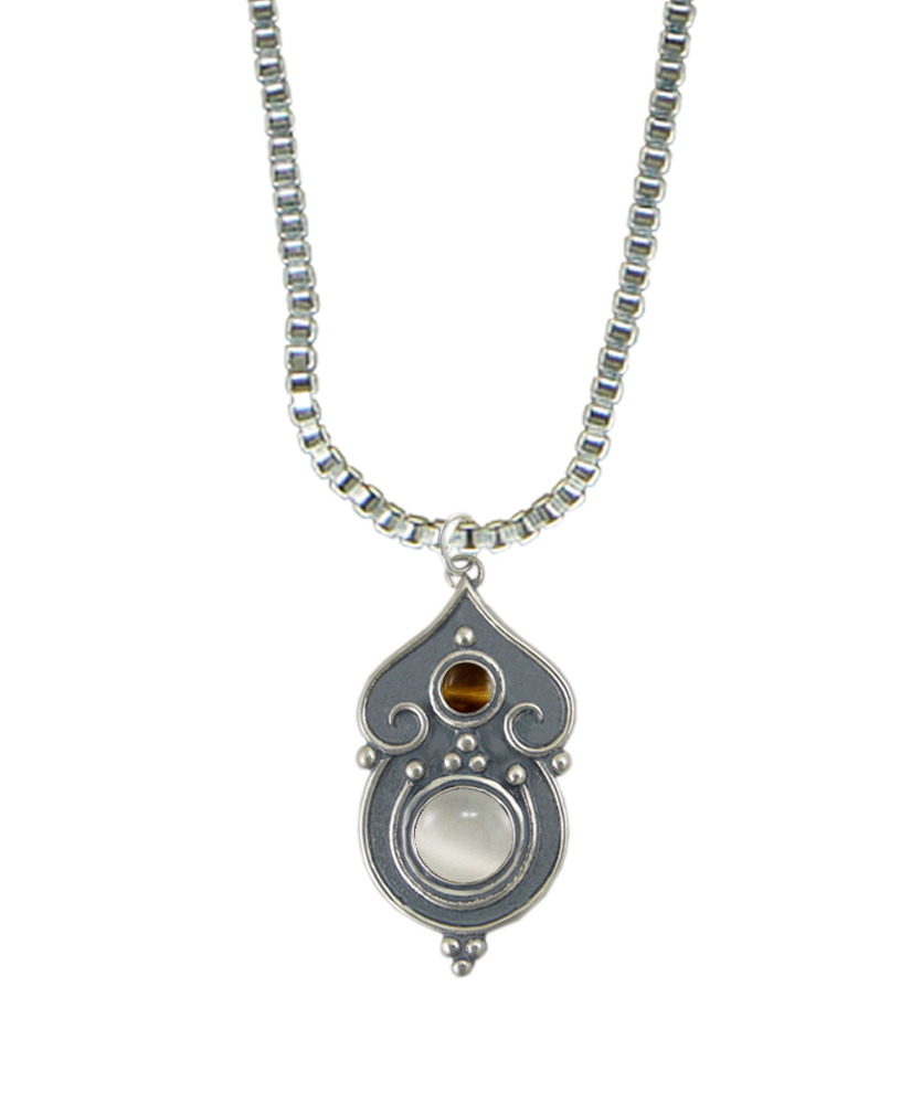 Sterling Silver Necklace White Moonstone And Tiger Eye